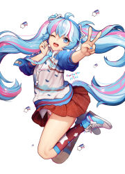 Rule 34 | 1girl, :d, absurdres, blue eyes, blue hair, blue nails, blue necktie, drawstring, hatsune miku, highres, jacket, long hair, looking at viewer, nail polish, necktie, one eye closed, open mouth, panties, pleated skirt, red skirt, red socks, shoes, sidelocks, skirt, sleeves past elbows, smile, sneakers, socks, solo, star (symbol), star print, striped clothes, striped panties, thighs, twintails, underwear, v, vocaloid, white background, white jacket, y.i. (lave2217)