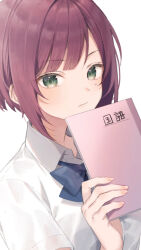 Rule 34 | 1girl, blue bow, bow, brown hair, closed mouth, collared shirt, commentary request, green eyes, hand up, holding, looking at viewer, midorikawa you, mole, mole under eye, original, school uniform, shirt, short sleeves, sidelocks, simple background, solo, upper body, white background, white shirt
