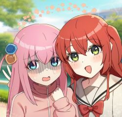 Rule 34 | 2girls, blue eyes, blush, bocchi the rock!, bow, cube hair ornament, gotoh hitori, green eyes, hair between eyes, hair ornament, highres, jacket, kita ikuyo, long hair, long sleeves, looking at viewer, looking away, multiple girls, one side up, open mouth, pink hair, pink jacket, ransol, red bow, red hair, sailor collar, school uniform, shaded face, smile, sweatdrop, track jacket, v, white sailor collar