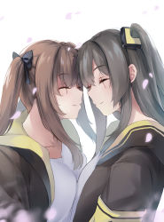 Rule 34 | 2girls, ^ ^, absurdres, brown hair, closed eyes, closed mouth, collarbone, facing another, from side, girls&#039; frontline, grey hair, highres, hood, hoodie, ina (inadiary), long hair, multiple girls, open clothes, open hoodie, scar, scar across eye, scar on face, shirt, siblings, sidelocks, simple background, sisters, smile, twins, twintails, ump45 (girls&#039; frontline), ump9 (girls&#039; frontline), upper body, white background, white shirt