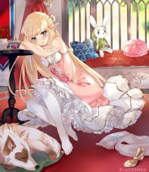 Rule 34 | 1girl, absurdres, artist name, bare shoulders, blonde hair, commentary, dog, dress, flower, green eyes, green headwear, green shirt, highres, lazoomaiga, long hair, looking at viewer, nintendo, no shoes, pantyhose, pointy ears, princess zelda, red flower, red rose, rose, shirt, shoes, unworn shoes, solo, stuffed animal, stuffed rabbit, stuffed toy, table, the legend of zelda, white pantyhose