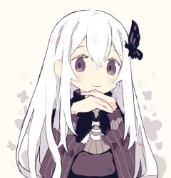 Rule 34 | 1girl, beige background, butterfly hair ornament, closed mouth, colored eyelashes, commentary, crossed bangs, echidna (re:zero), floral background, hair between eyes, hair ornament, head rest, long hair, long sleeves, looking at viewer, melanbread, no nose, own hands together, purple eyes, re:zero kara hajimeru isekai seikatsu, simple background, smile, solo, striped, symbol-only commentary, tareme, upper body, vertical stripes, white hair