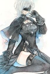 Rule 34 | 10h (nier reincarnation), 1girl, black blindfold, black gloves, blindfold, capelet, clothing cutout, covered eyes, dress, garter straps, gloves, highres, medium hair, nier (series), nier reincarnation, puffy sleeves, solo, turtleneck, white hair, wolf cut, yurikawa (yurikawa kwyr)