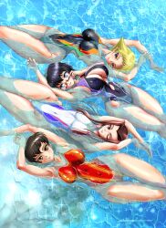 Rule 34 | 5girls, absurdres, afloat, arm up, arms up, black eyes, black hair, black one-piece swimsuit, blonde hair, breasts, brown eyes, brown hair, caesar (girls und panzer), carpaccio (girls und panzer), cleavage cutout, closed mouth, clothing cutout, commentary request, competition swimsuit, covered navel, erwin (girls und panzer), from above, girls und panzer, gluteal fold, highleg, highleg swimsuit, highres, large breasts, long hair, looking at another, looking at viewer, medium breasts, medium hair, multiple girls, no headband, no headwear, no scarf, one-piece swimsuit, one eye closed, oryou (girls und panzer), pointy hair, red-framed eyewear, red one-piece swimsuit, saemonza (girls und panzer), semi-rimless eyewear, short hair, side-by-side, smile, sparkle, swimsuit, thigh gap, tomokoji, under-rim eyewear, water, wet, white one-piece swimsuit