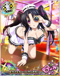 Rule 34 | 1girl, black hair, breasts, card (medium), chess piece, cleavage, high school dxd, king (chess), navel, official art, purple eyes, serafall leviathan, smile, twintails