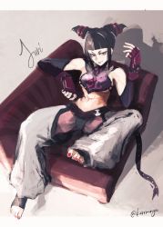 Rule 34 | 1girl, bare shoulders, belt, black hair, breasts, chaps, character name, commentary, cone hair bun, couch, fingerless gloves, full body, gloves, grey background, hair bun, hair horns, han juri, hand up, highres, koromoya, looking at viewer, lying, midriff, nail polish, on couch, pants, purple eyes, purple gloves, red nails, shadow, short hair, simple background, smile, solo, street fighter, street fighter iv (series), toenail polish, toenails, twitter username, white pants