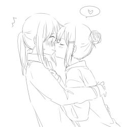 Rule 34 | 2girls, blush, greyscale, hair bun, heart, hug, inuko (ink0425), licking, licking another&#039;s face, licking another&#039;s lips, monochrome, multiple girls, original, ponytail, profile, sketch, spoken heart, sweatdrop, upper body