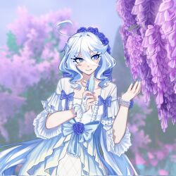 Rule 34 | 1girl, ahoge, alternate costume, bead bracelet, beads, blue bow, blue eyes, blue sky, bow, bracelet, commentary, day, dress, flower, furina (genshin impact), genshin impact, grin, hands up, highres, jewelry, long hair, looking to the side, necklace, outdoors, purple flower, short sleeves, sky, smile, solo, tractorbelarus228, upper body, very long hair, white dress, white hair