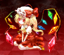 Rule 34 | 1girl, blonde hair, checkered floor, dress, female focus, flandre scarlet, hat, perspective, ponytail, rainbow order, red background, red dress, red eyes, sakura shiori, shiori (pixiv), short hair, side ponytail, sitting, solo, touhou, v arms, wariza, wings