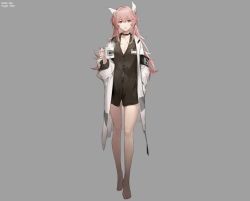 Rule 34 | 1girl, animal ears, armband, barefoot, black shirt, breasts, cat ears, coffee mug, cup, girls&#039; frontline, girls&#039; frontline 2: exilium, lab coat, long hair, looking at viewer, messy hair, mug, name tag, no pants, official art, aged up, persica (girls&#039; frontline), pink hair, red eyes, shirt, solo, third-party source
