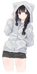 Rule 34 | 10s, absurdres, animal hood, black hair, blunt bangs, braid, cat hood, commentary request, grey eyes, hand in pocket, hand on headwear, highres, hood, hood up, hoodie, kantai collection, kitakami (kancolle), looking to the side, nao (qqqbb), pout, shorts, sidelocks, simple background, solo, wet, white background