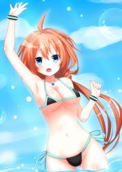 Rule 34 | 1girl, ahoge, bikini, blue eyes, blush, breasts, brown hair, character request, cleavage, copyright request, haru blanc0316, highres, jewelry, large breasts, long hair, looking at viewer, navel, necklace, open mouth, side-tie bikini bottom, smile, solo, swimsuit