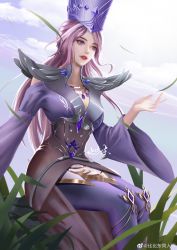 Rule 34 | 1girl, absurdres, artist request, bibi dong (douluo dalu), clothing cutout, cloud, crown, douluo dalu, grass, highres, jewelry, long sleeves, necklace, outstretched hand, pantyhose, ponytail, purple eyes, purple pantyhose, purple thighhighs, rock, second-party source, shoulder cutout, sitting, solo, teeth, thighhighs