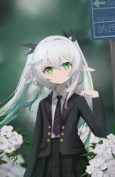 Rule 34 | 1girl, absurdres, alternate costume, alternate hairstyle, blazer, blurry, collared shirt, commentary request, contemporary, depth of field, flower, genshin impact, gradient hair, green eyes, grey hair, hair between eyes, hair ribbon, highres, jacket, long hair, long sleeves, looking at viewer, multicolored hair, nahida (genshin impact), necktie, pleated skirt, pocket, qixia, ribbon, school uniform, shirt, sidelocks, signpost, simple background, skirt, smile, solo, symbol-shaped pupils, twintails, wind