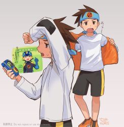 Rule 34 | 2boys, absurdres, arm up, artist name, black bodysuit, black shorts, blue gloves, blue headband, blue headwear, bodysuit, brown eyes, brown hair, commentary, english text, flying sweatdrops, from side, gloves, green eyes, grey background, headband, helmet, highres, holding, jacket, lan hikari (mega man), light blush, long sleeves, looking at viewer, male focus, mega man (series), mega man battle network, mega man battle network (series), megaman.exe, multiple boys, multiple views, orange footwear, orange jacket, personal terminal, removing jacket, shirt, shoes, short hair, shorts, simple background, smile, sneakers, spiked hair, standing, sweat, teeth, tok nuts, translation request, upper teeth only, watermark, white shirt