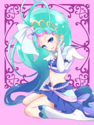 Rule 34 | 1girl, :d, bare legs, blue eyes, blue hair, blue skirt, boots, bridal gauntlets, crop top, cure mermaid, detached sleeves, earrings, go! princess precure, gradient hair, head tilt, high heel boots, high heels, highres, jewelry, knee boots, knees together feet apart, long hair, long sleeves, looking at viewer, midriff, miniskirt, multicolored hair, navel, open mouth, parted bangs, pink background, pleated skirt, precure, shell, shell earrings, shipu (gassyumaron), sitting, skirt, sleeves past wrists, smile, solo, stomach, very long hair, wariza, white footwear, white sleeves