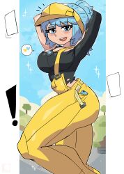 Rule 34 | !, 1girl, absurdres, arms up, belt, black shirt, blue eyes, blue hair, blush, breasts, cleavage, cloud, comet (fortnite), epic games, fortnite, grass, hat, heart, highres, jewelry, large breasts, long hair, long sleeves, looking at viewer, necklace, open mouth, ponytail, shirt, sky, smile, sparkle, speech bubble, spoken heart, standing, teeth, thick thighs, thighs, tony welt, torn clothes, torn shirt, tree, visor cap, wide hips, yellow belt, yellow hat, yellow overalls