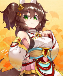 Rule 34 | 1girl, :&gt;, animal ears, araki (qbthgry), armpits, breasts, brown hair, dated, detached sleeves, ear covers, fang, green eyes, highres, horse ears, horse girl, horse tail, inari one (fields of gold) (umamusume), inari one (umamusume), inari one (yumeno kanehara) (umamusume), medium breasts, miniskirt, obi, obiage, obijime, pelvic curtain, sash, sideboob, skirt, solo, tail, twintails, umamusume