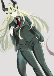 1girl ahoge arknights blonde_hair dragon_horns dragon_tail dutch_angle formal_clothes green_eyes grey_background highres horns jiru_(6pp_ab) long_hair necktie reed_(arknights) suit tail