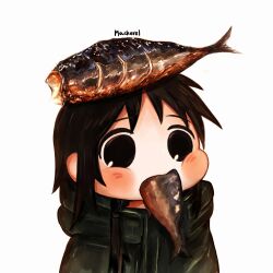 Rule 34 | 1girl, absurdres, black eyes, black hair, blush, chibi, chito (shoujo shuumatsu ryokou), coat, commentary, eating, english text, food, food in mouth, food on head, green coat, highres, long hair, low twintails, mackerel (fish), mouth hold, no nose, object on head, puffy cheeks, raised eyebrows, shoujo shuumatsu ryokou, simple background, solo, stuffing scone, symbol-only commentary, twintails, upper body, white background