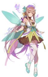 Rule 34 | 1girl, ahoge, ankle ribbon, aqua ribbon, ark order, bare shoulders, blue footwear, blue ribbon, blush, bow, breasts, brown dress, brown hair, closed mouth, detached sleeves, dress, fairy (ark order), fairy wings, flower, full body, green bow, green dress, hair flower, hair ornament, hairband, large breasts, leg ribbon, long hair, looking at viewer, low ponytail, multicolored clothes, multicolored dress, official art, plant, puffy short sleeves, puffy sleeves, purple flower, purple hairband, purple ribbon, purple rose, red cucumber, red eyes, ribbon, rose, shoes, short sleeves, sidelocks, smile, solo, tachi-e, thighhighs, transparent background, very long hair, vines, white dress, white thighhighs, wings, yellow ribbon