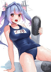 Rule 34 | 1girl, absurdres, akagi kurage, bare arms, bare legs, bare shoulders, black one-piece swimsuit, blue hair, blush, collarbone, fang, flower-shaped pupils, highres, i-19 (kancolle), kantai collection, long hair, name tag, one-piece swimsuit, open mouth, red eyes, school swimsuit, simple background, skin fang, solo, swimsuit, symbol-shaped pupils, torpedo, tri tails, wet, white background