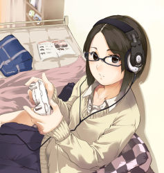 Rule 34 | 1girl, bag, bed, bedroom, black hair, blanket, book, bookshelf, brown eyes, cable, clock, controller, curtains, game console, game controller, glasses, grey eyes, gun, headphones, indoors, kagematsuri, magazine (object), original, photo (object), pillow, playing games, room, school bag, school uniform, shelf, short hair, sitting, socks, solo, sweater, video game, weapon, xbox 360