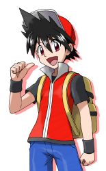 Rule 34 | 1boy, backpack, bad id, bad pixiv id, bag, baseball cap, black hair, black shirt, blouse, blue pants, clenched hands, cowboy shot, creatures (company), drop shadow, game freak, hair between eyes, hand up, happy, hat, highres, looking at viewer, male focus, nintendo, open mouth, pants, pointing, pointing at self, pokemon, pokemon adventures, red (pokemon), red eyes, red hat, red vest, shirt, short hair, short sleeves, simple background, smile, solo, standing, tellzeta, vest, white background, wristband
