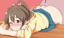 Rule 34 | 1girl, ass, blush, brown hair, clothed sex, clothes lift, doggystyle, hair between eyes, highres, hori yuko, idolmaster, idolmaster cinderella girls, pink eyes, red background, sex, sex from behind, sleeves rolled up, solo focus, tagme, wasabi (wasalongt), wavy mouth