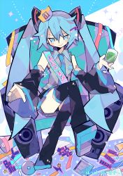 Rule 34 | &gt;:), 1girl, absurdres, birthday sash, black footwear, blue eyes, blue hair, blue necktie, boots, chair, closed mouth, collared shirt, crown, cup, detached sleeves, grey shirt, hatsune miku, hatsushiro mamimu, highres, holding, holding cup, long hair, long sleeves, necktie, sash, shirt, sitting, skirt, smile, solo, stereo, thigh boots, thighhighs, twintails, vocaloid