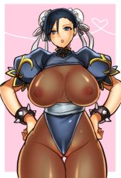 Rule 34 | 1girl, black hair, blue eyes, bodystocking, bodysuit, bracelet, breasts, bun cover, cameltoe, capcom, chun-li, clothes lift, dress, hands on own hips, hip focus, huge breasts, jewelry, nipples, no bra, no panties, open mouth, pantyhose, see-through, shirt lift, short hair, spiked bracelet, spikes, street fighter, thigh gap, thighs, wadani hitonori, wedgie