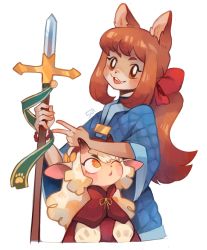 Rule 34 | 2girls, :d, agnes (tealst), animal ears, blue dress, borrowed character, bow, brown eyes, brown hair, dress, fang, hair bow, highres, holding, holding weapon, horizontal pupils, horns, long hair, long sleeves, looking at viewer, maple (tealst), multiple girls, one eye closed, open mouth, orange eyes, original, polearm, ponytail, red bow, red dress, sheep ears, sheep horns, signature, simple background, smile, spear, sui (suizilla), v, weapon, white background, white hair