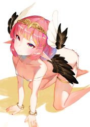 Rule 34 | 1girl, all fours, bad id, bad pixiv id, barefoot, bikini, black wings, blurry, bracelet, circe (fate), closed mouth, collarbone, colored eyelashes, commentary request, covered erect nipples, depth of field, fang, fate/grand order, fate (series), feathered wings, head wings, highres, jewelry, leglet, looking at viewer, mao ge, micro bikini, nail polish, pink eyes, pink hair, pink nails, pointy ears, short hair, side-tie bikini bottom, side-tie bottom, solo, strap slip, swimsuit, tiara, white bikini, wings