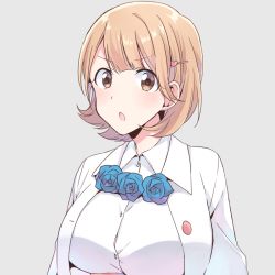 Rule 34 | &gt;:o, 10s, 1girl, :o, breasts, brown eyes, brown hair, flower, grey background, hair ornament, hairclip, heart hair ornament, large breasts, matching hair/eyes, miso (mimimiso), narusawa ryouka, occultic;nine, parted lips, short hair, simple background, solo, upper body, v-shaped eyebrows