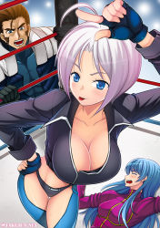 Rule 34 | 1boy, 2girls, :p, ahoge, angel (kof), bad end, blue eyes, blue hair, boxing ring, breasts, brown hair, cleavage, collarbone, commentary request, defeat, closed eyes, facial hair, fingerless gloves, gloves, kula diamond, large breasts, leaning forward, long hair, lying, maxima, multiple girls, on back, open mouth, short hair, silver hair, snk, sweat, takejun, the king of fighters, tongue, tongue out