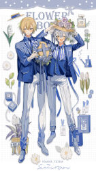 Rule 34 | 2boys, absurdres, blonde hair, blue eyes, blue flower, blue jacket, blue necktie, blue rose, blue shirt, blue vest, blush, book, bookmark, bottle, commentary, daisy, embarrassed, english commentary, english text, flower, full body, gift, gloves, grey hair, hat, hat flower, hat ribbon, highres, holding, holding clothes, holding hat, jacket, lily of the valley, long sleeves, looking at viewer, looking to the side, male focus, multiple boys, nana tetra, necktie, one eye closed, open mouth, original, pants, parted lips, perfume bottle, pink flower, pink rose, ribbon, rose, shirt, short hair, smile, striped clothes, striped shirt, sun hat, tulip, vest, white background, white flower, white footwear, white gloves, white pants, white rose, white shirt, white tulip, yellow eyes