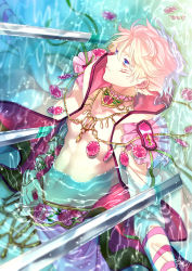 Rule 34 | 1boy, abs, blonde hair, blue eyes, collarbone, flower, gold necklace, hand on own stomach, hood, hooded jacket, jacket, jewelry, long sleeves, looking away, lying, male focus, navel, necklace, on back, open clothes, open jacket, original, outstretched arm, parted lips, partially submerged, petals, petals on liquid, pink flower, pink rose, rose, scar, topless male, shiya (mizushibuki), sideways, signature, solo, sword, water, weapon, white jacket