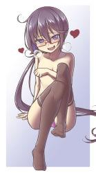 Rule 34 | 1girl, akebono (kancolle), black thighhighs, blush, breasts, glasses, grabbing, grabbing another&#039;s breast, grabbing own breast, gradient background, hair ornament, heart, kantai collection, long hair, looking at viewer, no bra, open mouth, panties, purple eyes, purple hair, purple panties, red-framed eyewear, semi-rimless eyewear, side ponytail, sitting, small breasts, smile, solo, thighhighs, topless, under-rim eyewear, underwear, underwear only, very long hair, yuki to hana