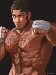 1boy abs arms_up beard black_background brown_hair chest_hair clenched_hands closed_mouth commentary_request facial_hair golden_kamuy groin hairy hand_wraps male_focus nipples nopinzo nude partially_shaded_face pectorals simple_background solo tanigaki_genjirou thick_eyebrows twitter_username