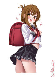 Rule 34 | 1girl, anchor print, backpack, bag, black sailor collar, black skirt, blush, brown eyes, brown hair, cropped legs, ebifurya, folded ponytail, from side, hair between eyes, hands up, highres, inazuma (kancolle), kantai collection, long hair, long sleeves, looking at viewer, miniskirt, navel, neckerchief, one-hour drawing challenge, open mouth, red neckerchief, sailor collar, shirt, simple background, skirt, smile, solo, sparkle, teeth, thighs, twisted torso, twitter username, upper teeth only, white background, white shirt
