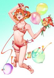 Rule 34 | 1girl, :d, ankle ribbon, arm up, armpits, balloon, bikini, blonde hair, bouquet, breasts, cleavage, collarbone, flower, freyja wion, full body, green eyes, hair between eyes, hair flower, hair ornament, hair scrunchie, heart, heart hair ornament, highres, holding, holding bouquet, leg ribbon, macross, macross delta, multicolored hair, nail polish, navel, open mouth, orange hair, pink nails, pink ribbon, pote-mm, red bikini, red flower, red scrunchie, ribbon, scrunchie, shiny skin, short hair, side-tie bikini bottom, small breasts, smile, solo, swimsuit, toenail polish, toenails, two-tone hair, white flower