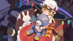 Rule 34 | 1girl, blush, bookshelf, bow, bright pupils, crystal, dutch angle, flandre scarlet, from above, hair between eyes, hat, hat bow, highres, holding, holding stuffed toy, indoors, light, long hair, mob cap, one side up, open mouth, red bow, red eyes, shadow, short hair with long locks, solo, stuffed animal, stuffed toy, teasmacker, teddy bear, touhou, upturned eyes, very long hair, white pupils, wings, yellow bow
