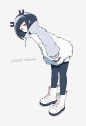 Rule 34 | 1girl, absurdres, black hair, black hairband, black pantyhose, boots, character name, closed mouth, commentary request, cross-laced footwear, full body, grey background, hairband, hands in pockets, highres, jacket, jitomi monoe, lace-up boots, leaning forward, long sleeves, looking at viewer, magnet, pantyhose, red eyes, shadow, simple background, solo, standing, temari rin, virtual youtuber, voms, white footwear, white jacket