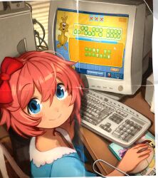 Rule 34 | 1girl, absurdres, blue eyes, blue shirt, blush, bow, commentary, doki doki literature club, english commentary, hair between eyes, hair bow, hangaroo, happy tree friends, highres, keyboard (computer), khyle., looking at viewer, monitor, mouse (computer), pink hair, red bow, sayori (doki doki literature club), shirt, smile, solo, upper body