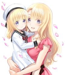 Rule 34 | 2girls, :d, aged down, beret, black sailor collar, blonde hair, blue eyes, blush, bow, carrying, child, collarbone, colored eyelashes, commentary request, dress, fingernails, hat, highres, jewelry, juliet persia, kishuku gakkou no juliet, long hair, long sleeves, looking at viewer, mother and daughter, multiple girls, nail polish, natsupa, open mouth, original, pendant, petals, pink dress, pink nails, sailor collar, sailor dress, short sleeves, simple background, smile, striped, striped bow, very long hair, white background, white dress, white headwear