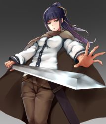 Rule 34 | 1girl, aeve, black hair, blue eyes, blunt bangs, breasts, brown legwear, cape, commentary request, foreshortening, gradient background, gradient hair, hair ribbon, high ponytail, holding, holding sword, holding weapon, long hair, long sleeves, looking at viewer, medium breasts, multicolored hair, narberal gamma, open hand, open mouth, overlord (maruyama), purple hair, ribbon, scabbard, sheath, shirt, simple background, solo, sword, weapon, white shirt, yellow ribbon
