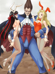 Rule 34 | 1boy, 2girls, animal ears, arm around waist, artist request, black hair, blonde hair, bow, bowtie, breasts, brown eyes, capcom, cape, cleavage, clenched teeth, company connection, crossover, demitri maximoff, detached collar, fake animal ears, fishnet pantyhose, fishnets, formal, gender request, genderswap, headband, held up, high heels, ken masters, leotard, long hair, midnight bliss, multiple girls, one eye closed, pantyhose, playboy bunny, rabbit ears, rabbit tail, ryu (street fighter), shoes, street fighter, suit, tail, teeth, vampire (game), wince, wrist cuffs