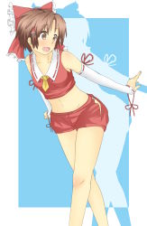 Rule 34 | 1girl, absurdres, adapted costume, alternate hair length, alternate hairstyle, ascot, bare legs, bare shoulders, blush, bow, brown eyes, brown hair, crop top, detached sleeves, female focus, hair bow, hair tubes, hakurei reimu, highres, hisa tsuki, leaning forward, legs, midriff, navel, open mouth, short hair, shorts, sleeves past wrists, smile, solo, touhou