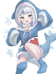 Rule 34 | 1girl, :d, animal costume, animal hood, blue eyes, blue hair, blue hoodie, blue socks, commentary, drawstring, fins, fish tail, gawr gura, gawr gura (1st costume), grey hair, highres, hololive, hololive english, hood, hood up, hoodie, knee up, light blush, long sleeves, looking at viewer, multicolored hair, nekomogu (ch0 s2), no shoes, open mouth, shark costume, shark girl, shark hood, shark print, shark tail, sharp teeth, sidelocks, sitting, sleeves past fingers, sleeves past wrists, smile, socks, solo, streaked hair, tail, teeth, upper teeth only, virtual youtuber, wide sleeves