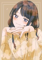 Rule 34 | 1girl, black hair, blush, fingernails, head rest, highres, idolmaster, idolmaster shiny colors, interlocked fingers, kazano hiori, mole, mole under mouth, musical note, nail polish, own hands together, paddy field, purple eyes, simple background, smile, solo, upper body